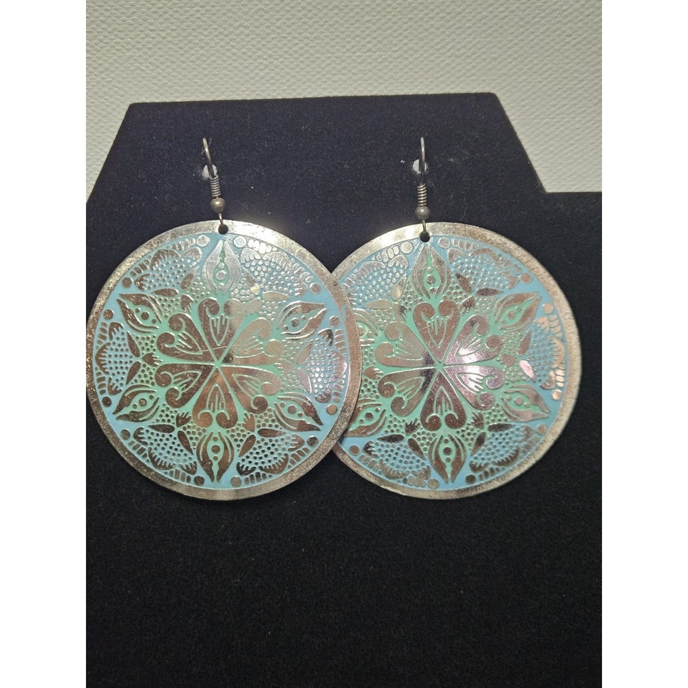 Huge Silver Boho Mandala Disc Earrings Turquoise Teal Patina Enamel Hoop